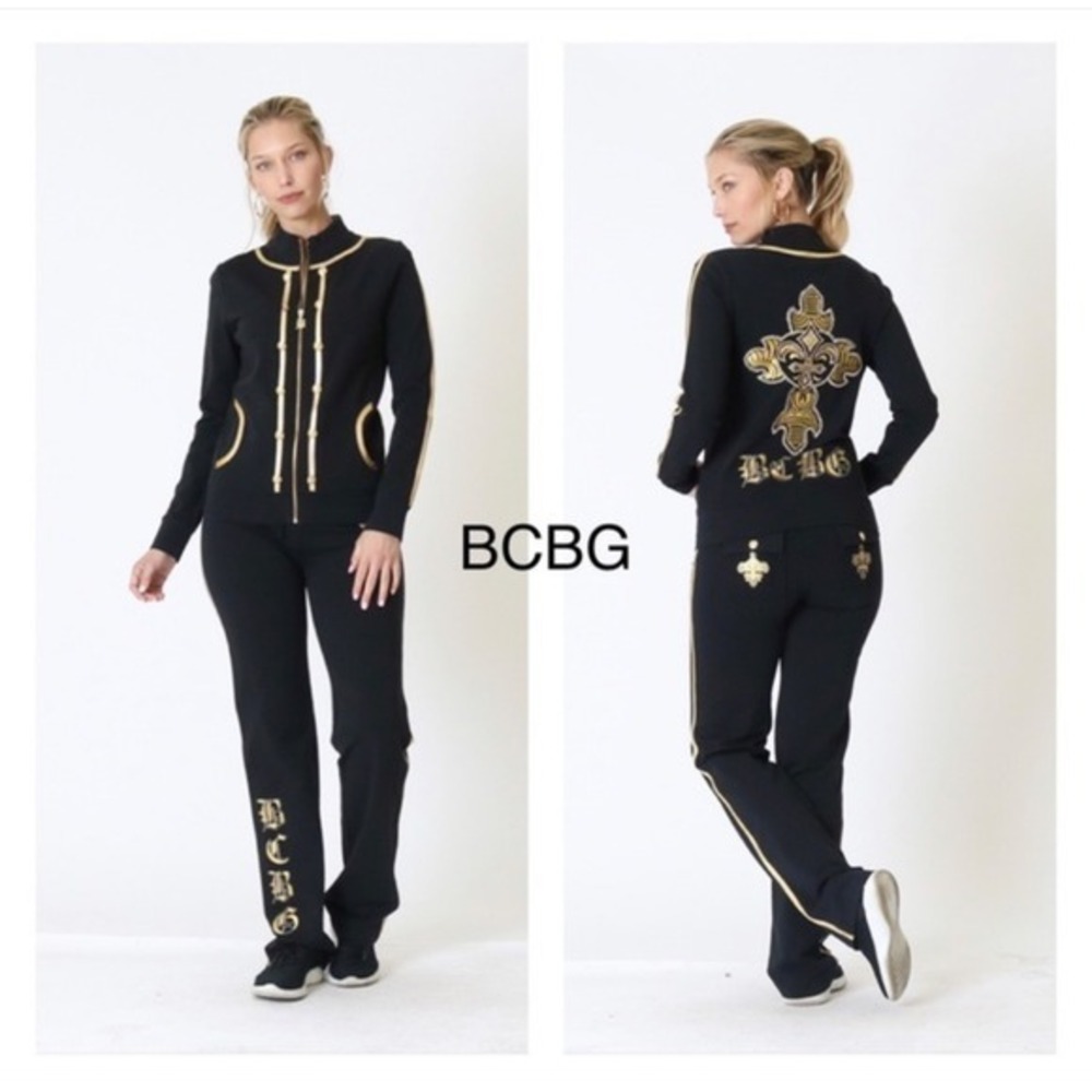 BCBG Max Azria Tracksuit Set Black Gold Embellished Jacket & Pants Women's